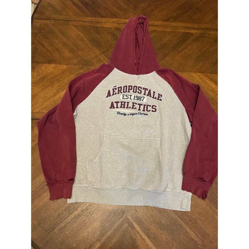 Aeropostale Athletics Hoodie Mens Large Grey Burgundy Raglan Distressed Est 1987